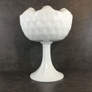 Indiana Glass Milk Glass Pedestal Compote Star Quilt Duette Pattern 9" tall